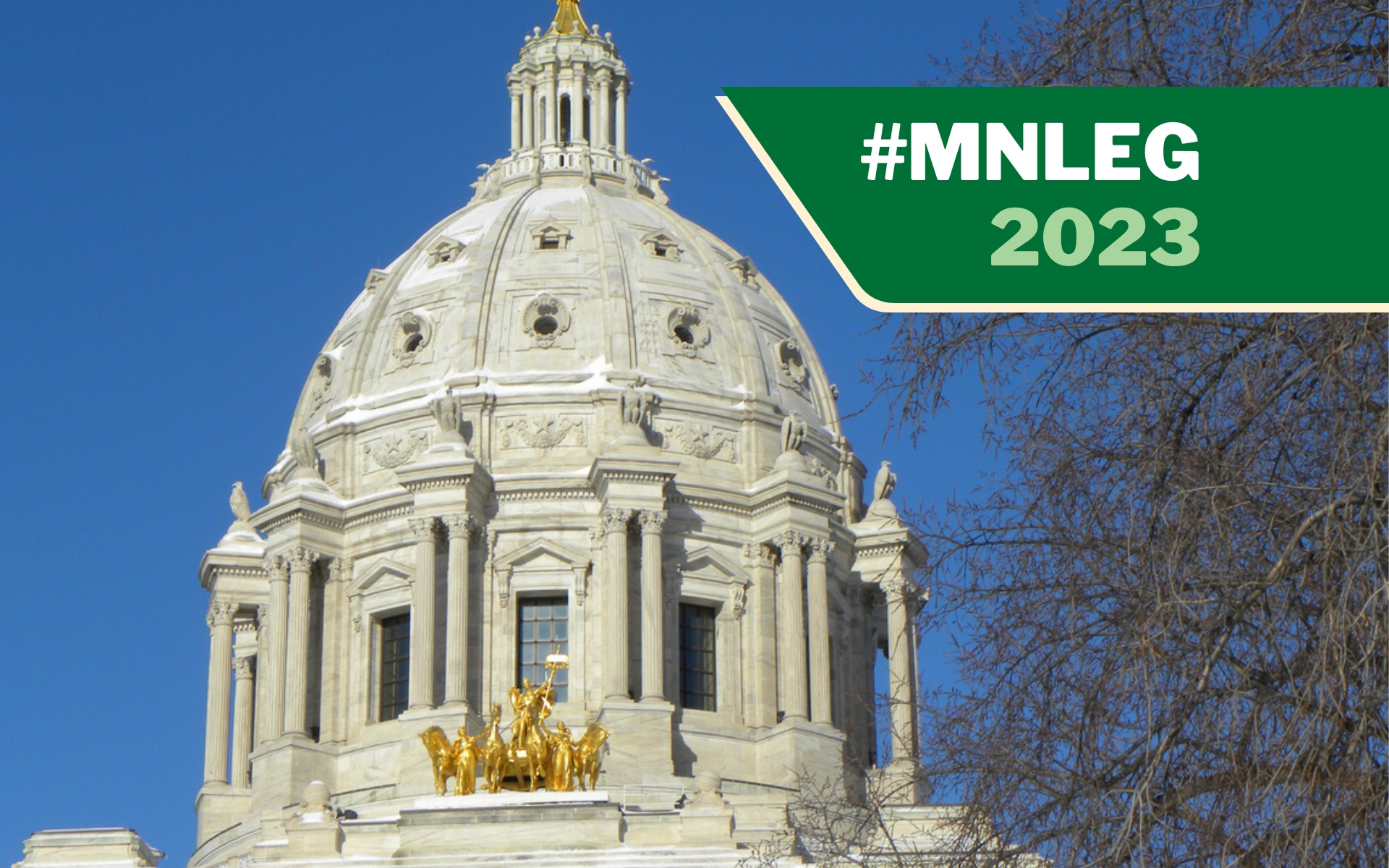 The top of the Minnesota Capitol building in St. Paul. Text overlay says "#MNLEG 2023."