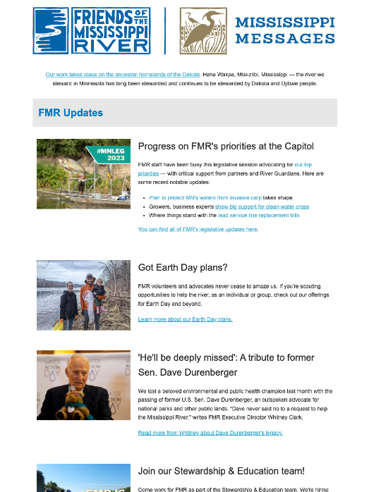 A screengrab showing the first few stories in the February 2023 Mississippi Messages email newsletter.