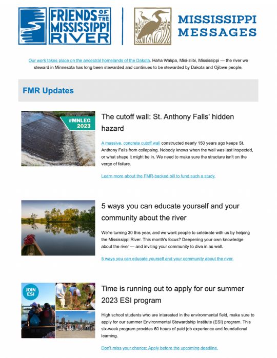A small screengrab showing the first few stories of the March 2023 Mississippi Messages email newsletter.