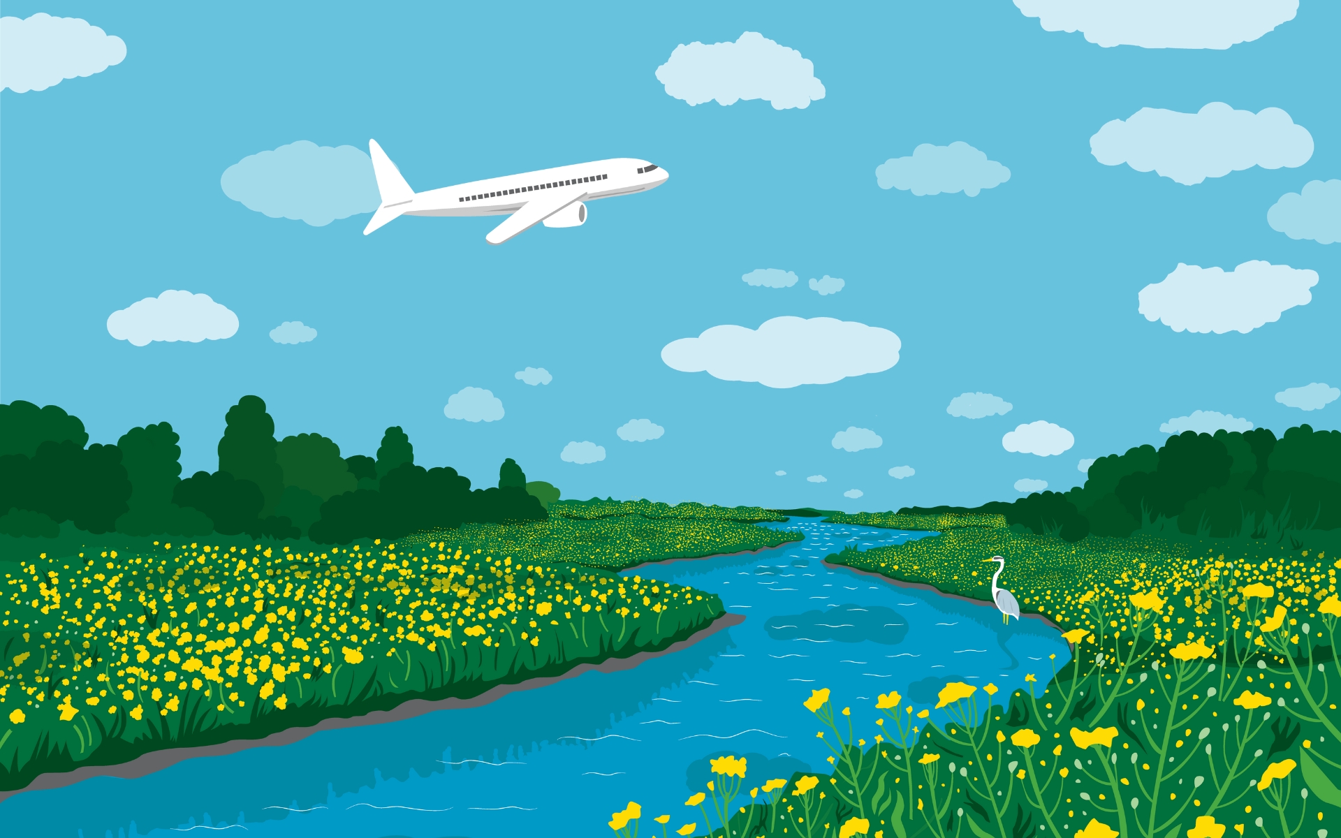 An illustration of an plane flying over a river and camelina fields.