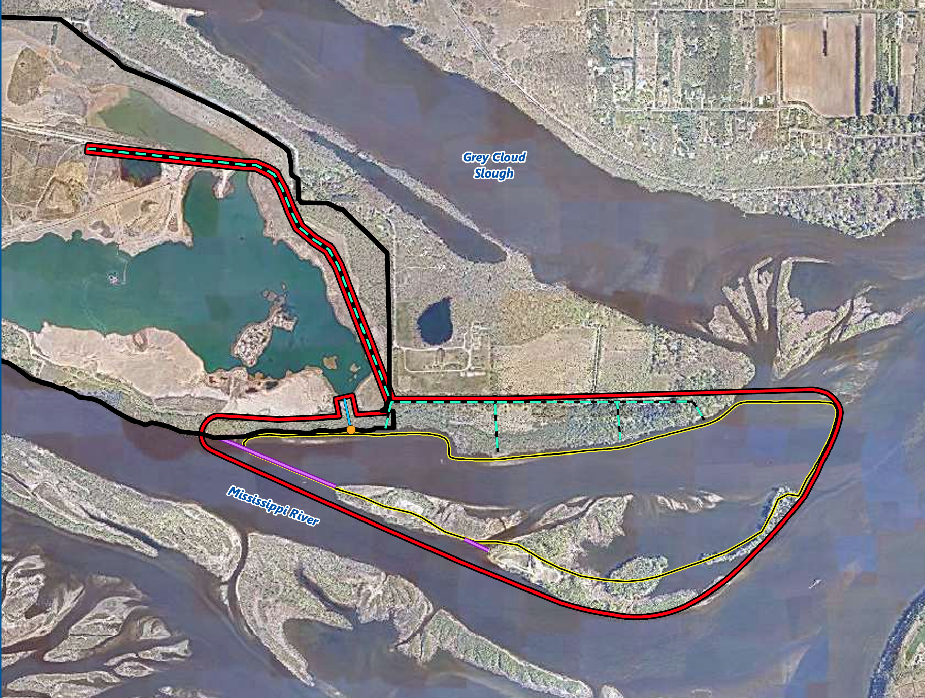 A labeled map showing the project site along the river, including the area where mining operations would move into the riverbed.