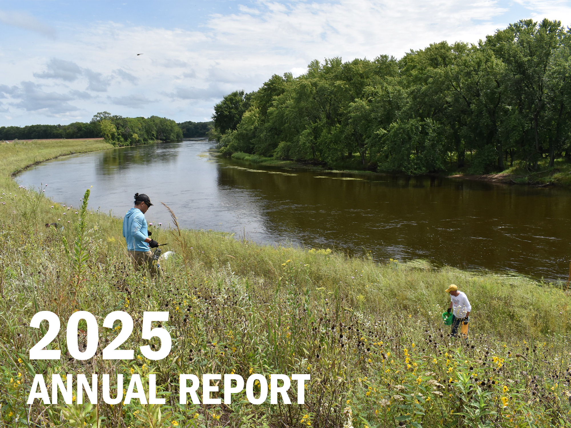 Two volunteers working in prairie by river, with text: 2025 Annual Report