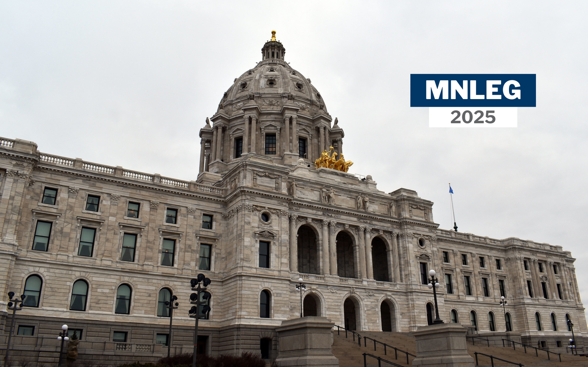 The Minnesota Capitol building exterior. Text says "MNLEG 2025"