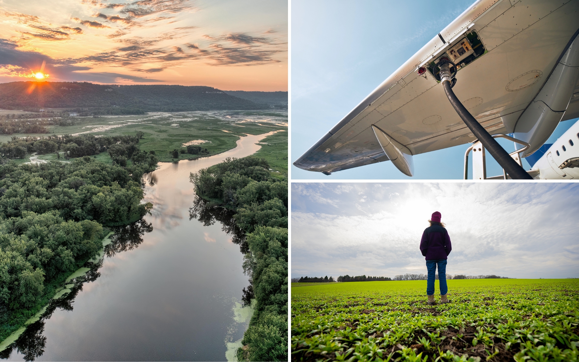 A collage of the Mississippi River, an airplane wing refueling and a farmer in a camelina field.