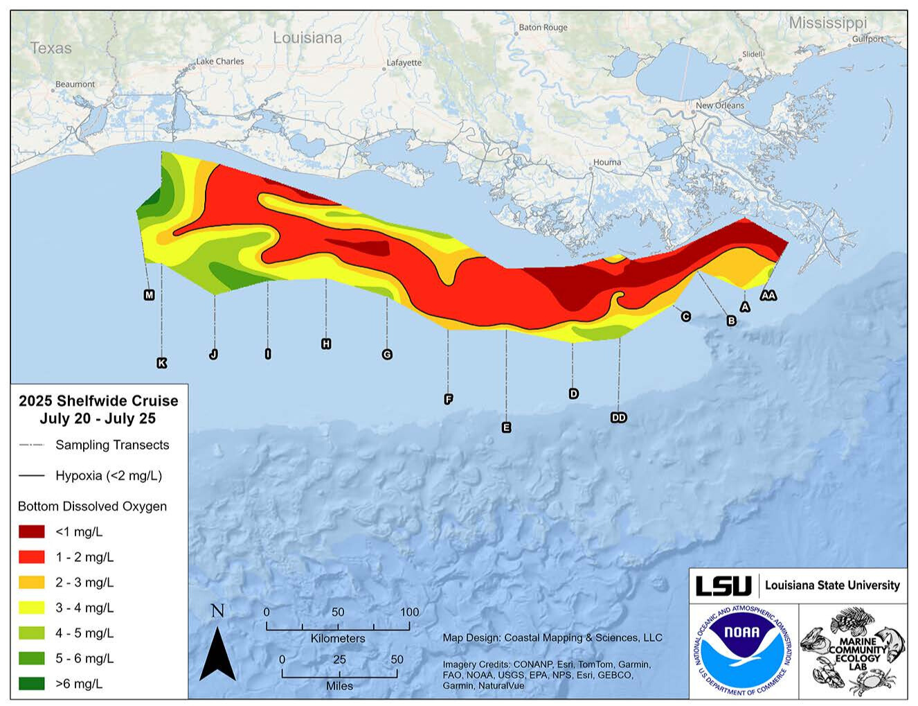An illustrated map showing the area of the hypoxic zone in 2025.