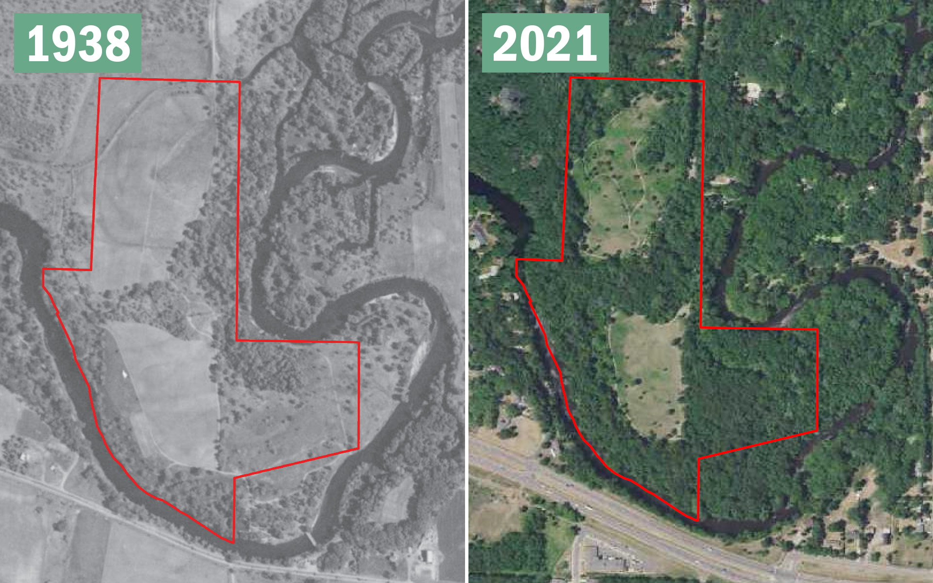 Two aerial photos of bending river and land at Camp Cozy