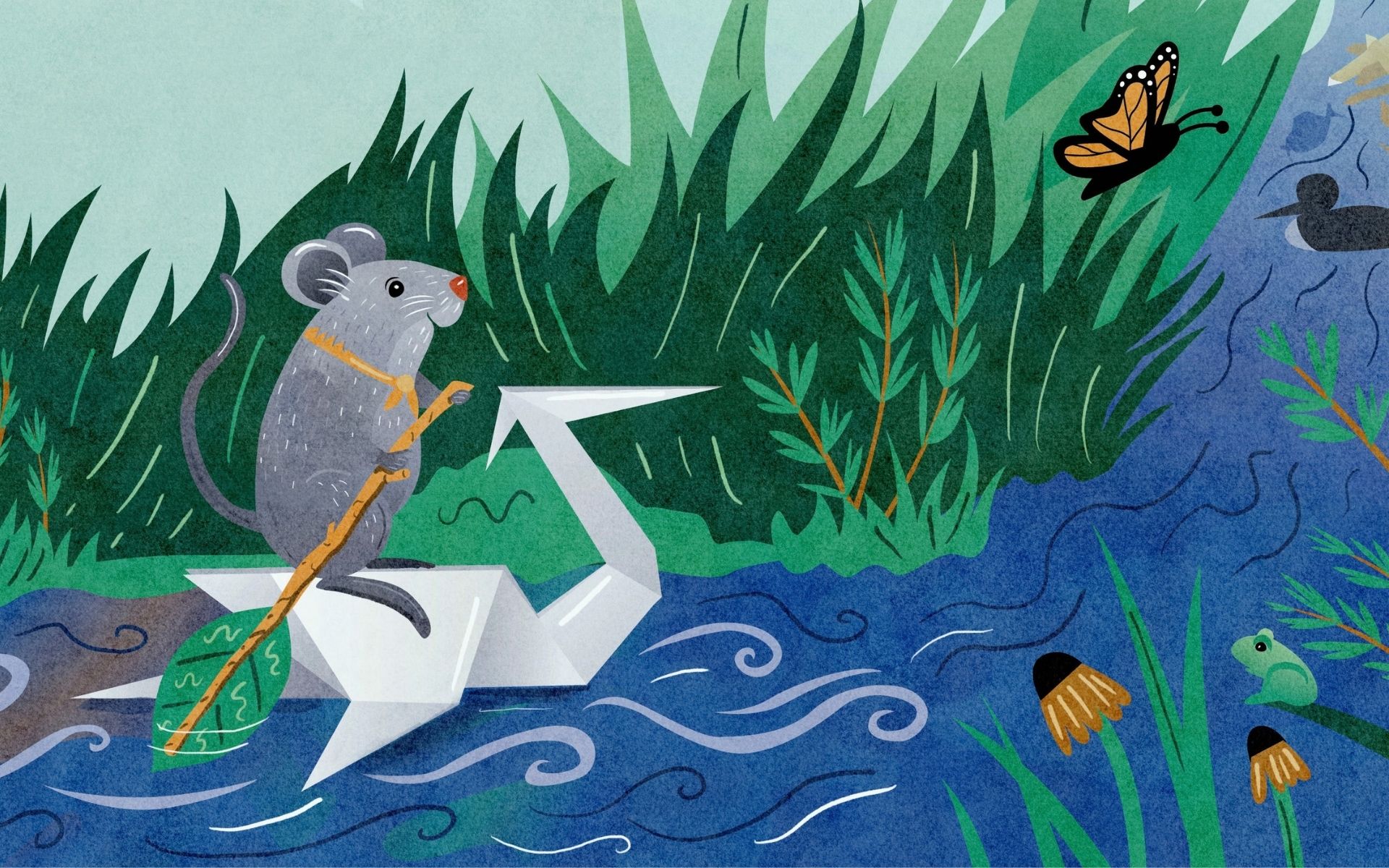 Mouse on paper crane paddles down a river flanked by native plants and wildlife
