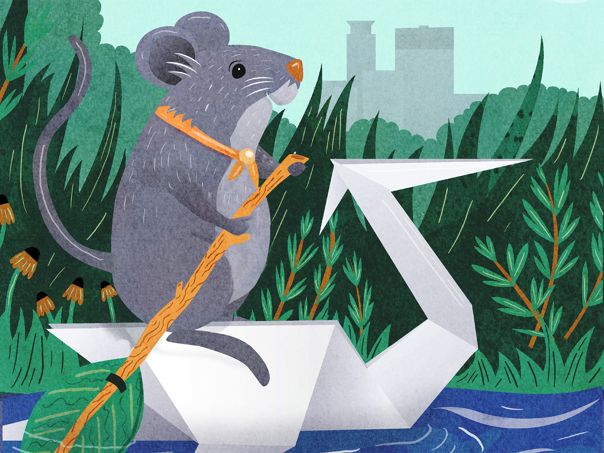Mouse riding a paper heron on an urban river