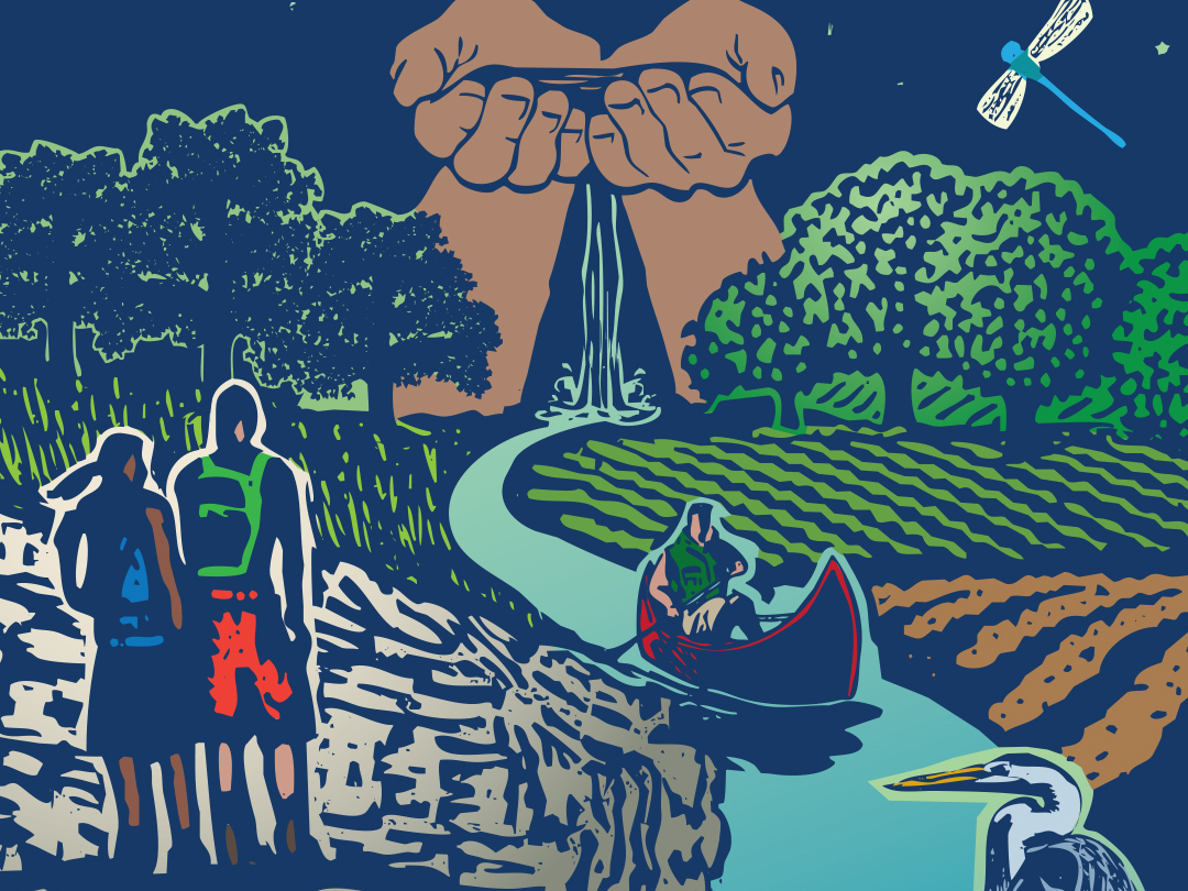 River flowing from hands with canoe, heron, hikers
