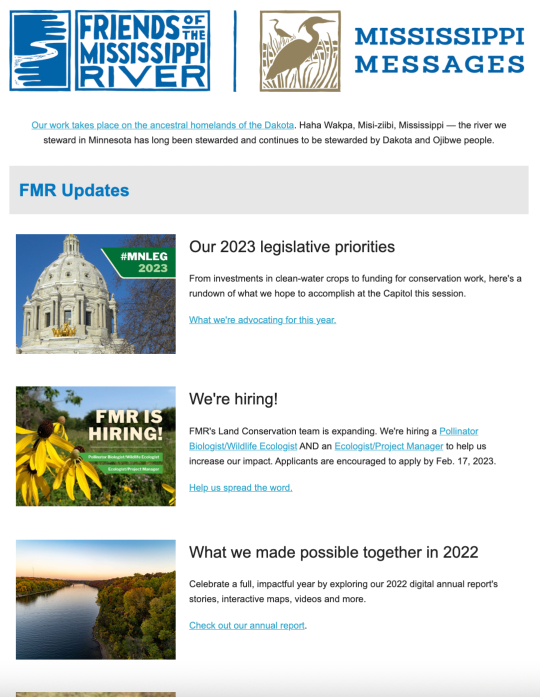 A screengrab of the first three stories in the January 2023 Mississippi Messages newsletter.