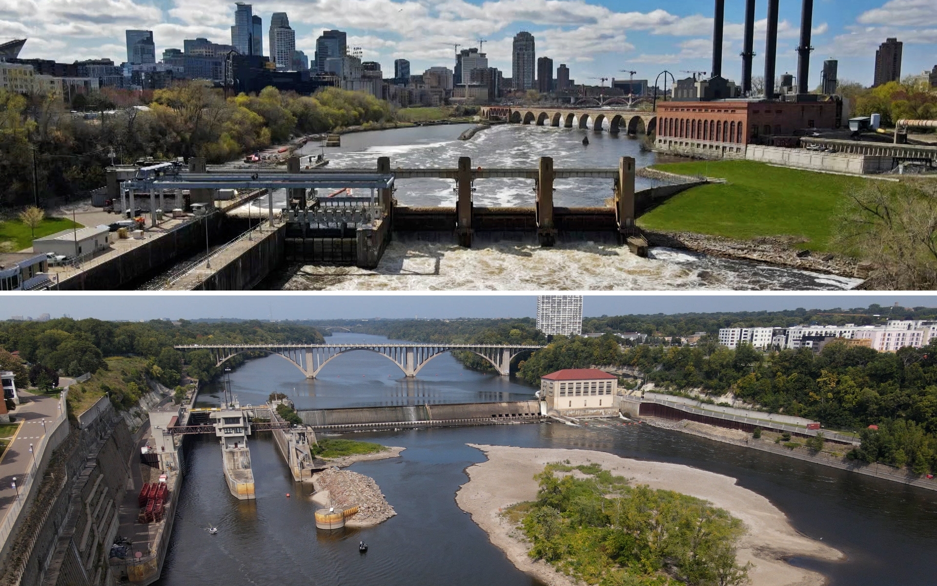 Lock and dam and Minneapolis skyline; Lock and dam near island
