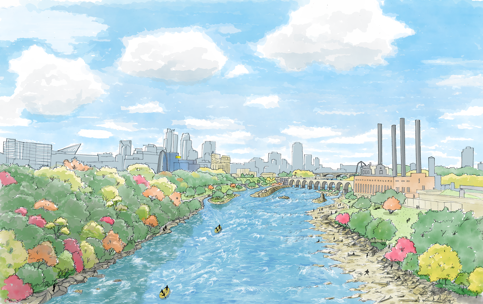 Lower St. Anthony Falls and downtown Minneapolis skyline, illustrated with more riverbank