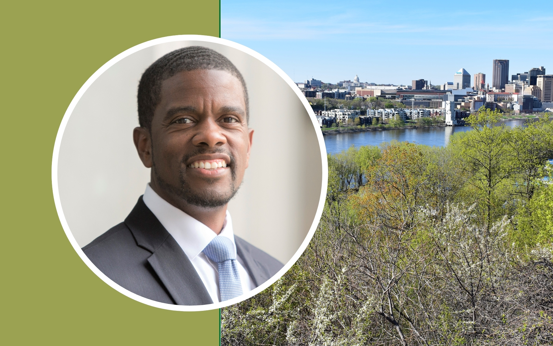 Mayor Carter in front of the Saint Paul skyline
