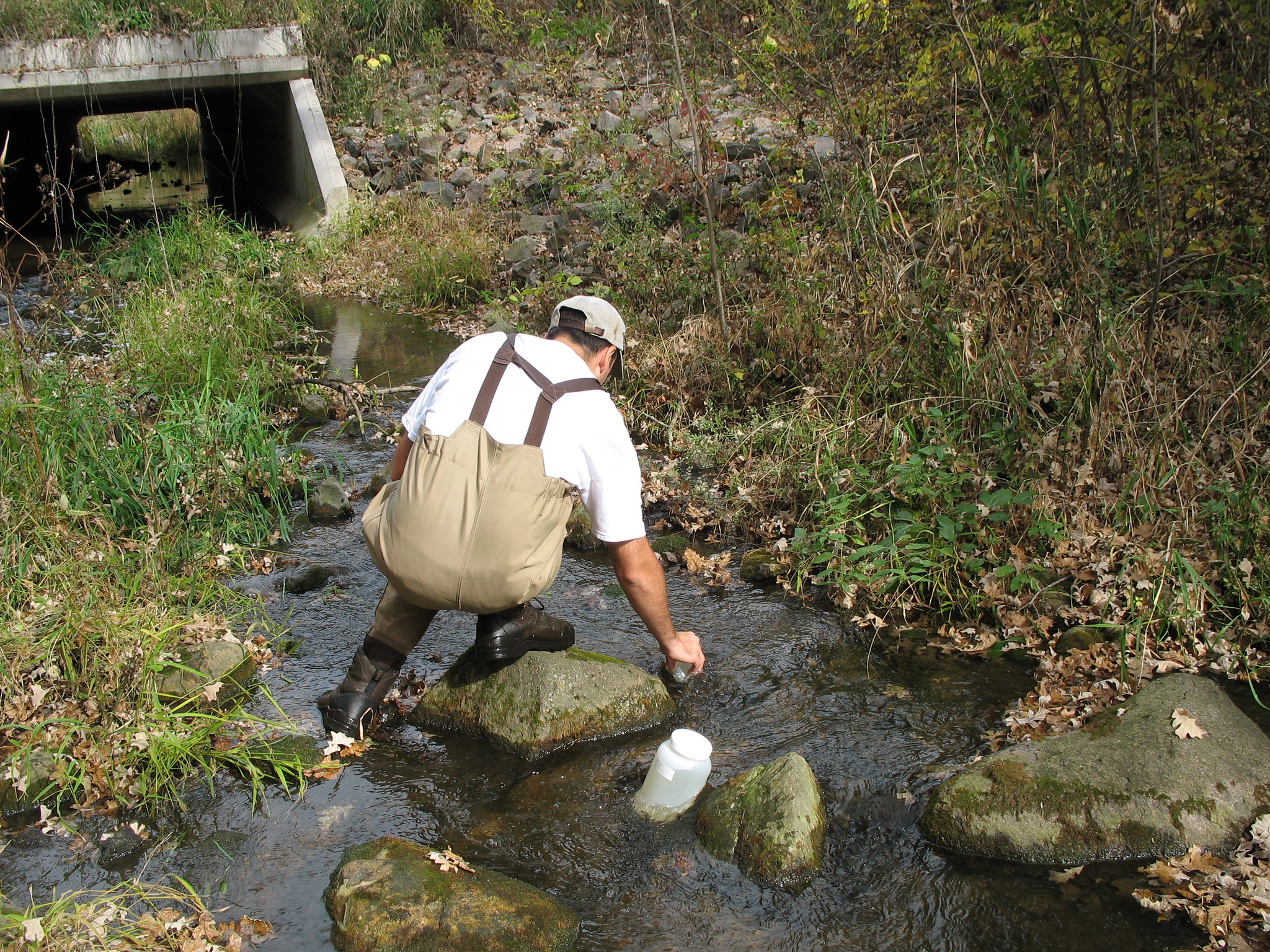 An MPCA staffer in waders reaches down to get a sample from shallow waters.