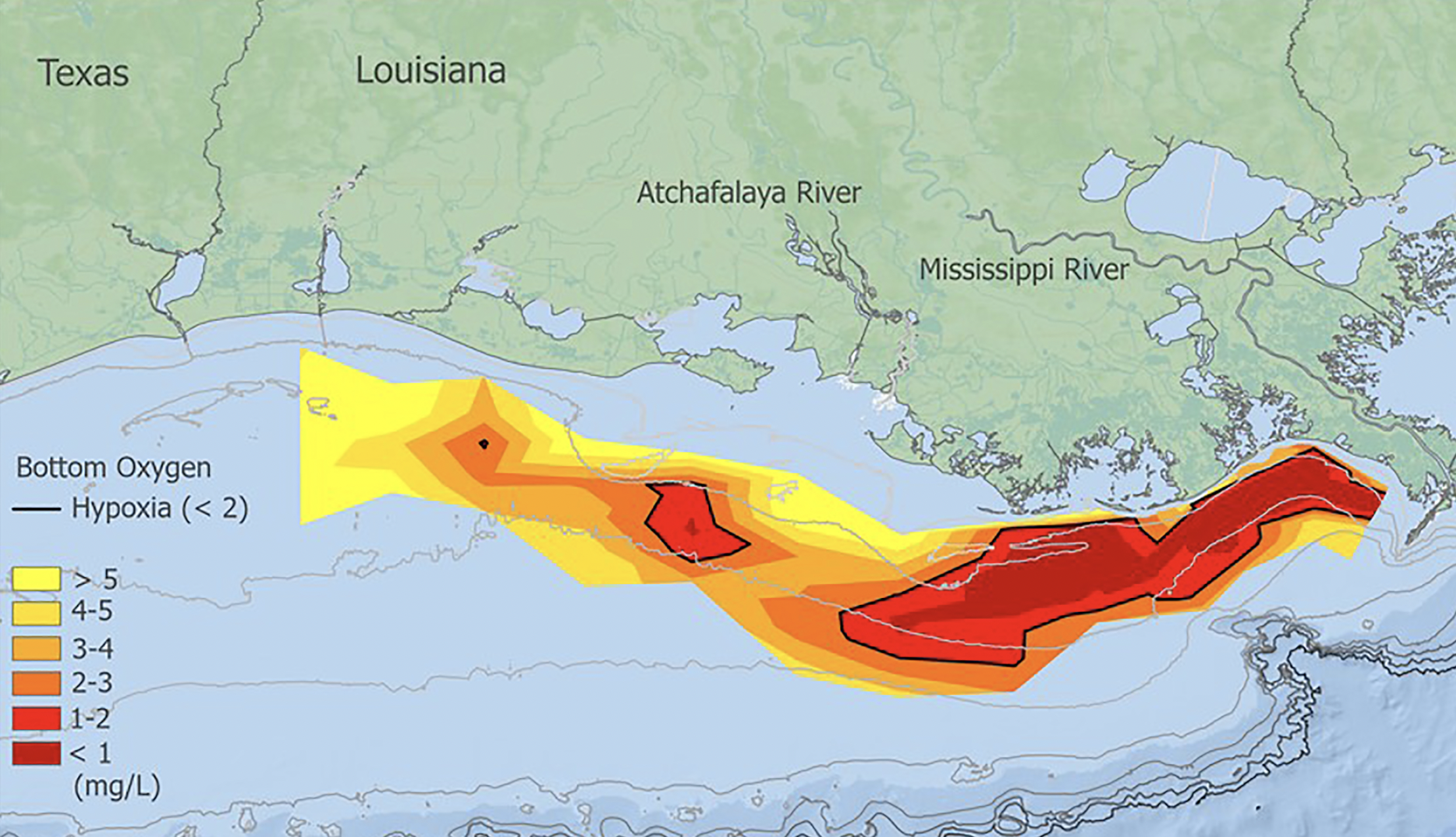 A graphic showing a red and orange marking signifying the hypoxia zone over the Gulf Coast.