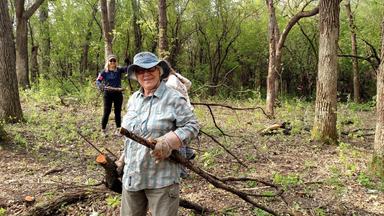 SuperVolunteer Mary hauling buckthorn at last year's event