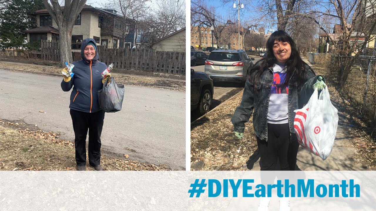 FMR staff members Jen Hadley and Sophie Downey pose with full trash bags, each are alone on a city street