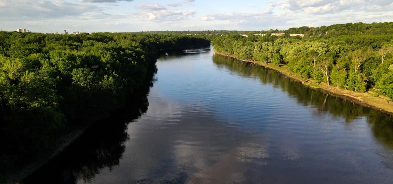 Aerial view of the Mississippi River near Crosby Farm Park in St. Paul.