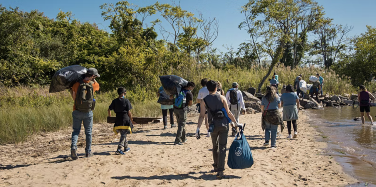 Volunteers at a waterway cleanup