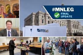 A collage showing parts of five different photos, all from this legislative session: Two FMR staffers posing with fish postcards in the Capitol; an FMR staffer testifying at a May 1 hearing; A state senator posing with children following a hearing; legislators on a tour at the Forever Green Initiative facilities; printed papers with the FMR logo, shown with the Capitol building in the background.