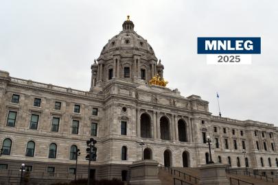 The Minnesota Capitol building exterior. Text says "MNLEG 2025"