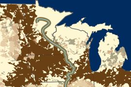 Map of Midwest with brown over much of the area around the Mississippi River
