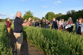 Trevor talks to River Guardians in a field of pennycress