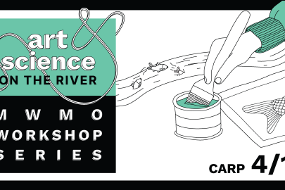 Person painting carp, with text: Art and Science on the River MWMO Workshop series: Carp 4/19