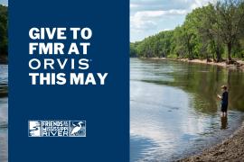 Person fishing in the river + text: Give to FMR at ORVIS this May with FMR logo