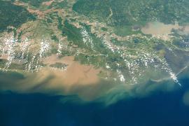 A satellite view showing sediment buildup in the Gulf of Mexico.