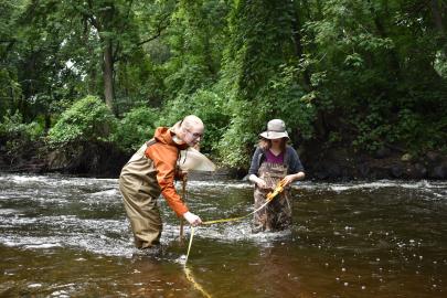Two SHEP volunteers wade in stream