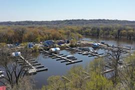 An overhead view of boats in the harbor at Watergate Marina.
