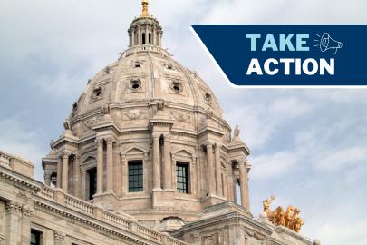 The Capitol building in St. Paul, set against a cloudy sky. Text says "#MNLEG 2023"