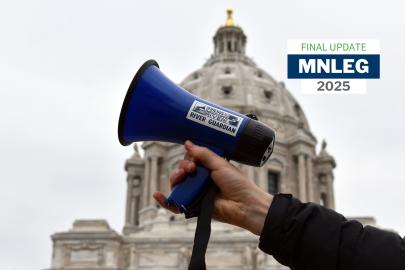 The Minnesota Capitol building exterior with an FMR River Guardians bullhorn in front.. Text says "MNLEG 2025 final update"