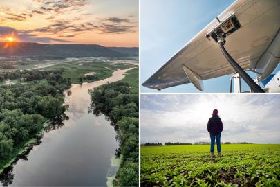 A collage of the Mississippi River, an airplane wing refueling and a farmer in a camelina field.