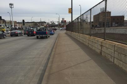 The desolate and congested West Broadway bridge over I-94 looking towards the Mississippi River
