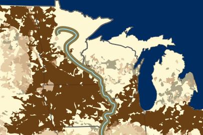 Map of Midwest with brown over much of the area around the Mississippi River
