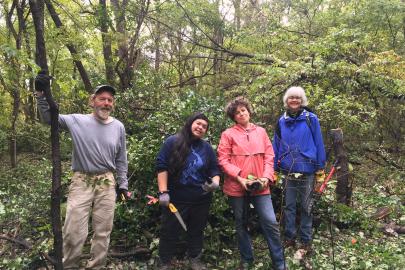Volunteers pose in front of cut buckthorn in the river gorge