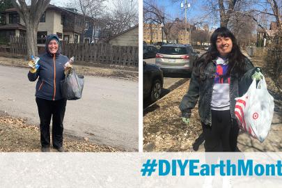 FMR staff members Jen Hadley and Sophie Downey pose with full trash bags, each are alone on a city street