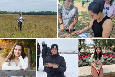 Annika in prairie, Ivy working on art, Riya by flowers, Brandon ice fishing, Holly in autumn woods