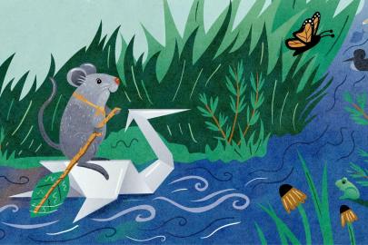 Mouse on paper crane paddles down a river flanked by native plants and wildlife