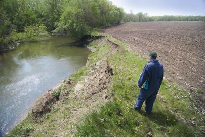 A farmer standing on a patch of grass on the edge of cropland, looking down into a stream that runs alongside it.