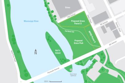 A map showing the former Scherer Brothers site and the parcel Graco may purchase from the park board.