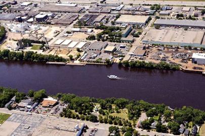 A little more green, please — for our waters and our riverfront communities. (Aerial view, from the north, above Saint Anthony Falls.) Courtesy City of Minneapolis