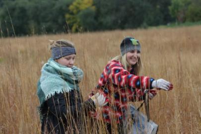 Habitat restoration volunteers collecting native seed in the prairie.