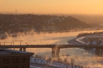 Mist rising from the Mississippi on a cold December dawn