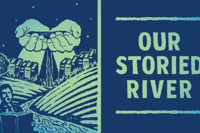 Hands hold water that flows into a river. A person speaks. Text: Our Storied River