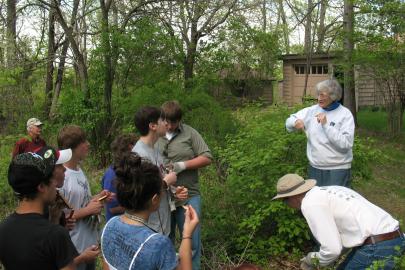 Tecla Karpen and students in "Karpen Woods"