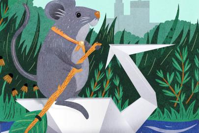 Mouse riding a paper heron on an urban river