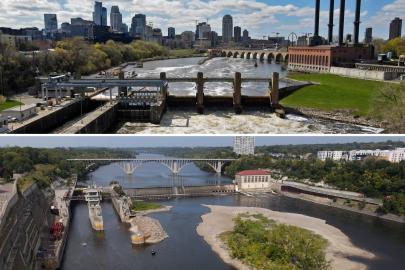 Lock and dam and Minneapolis skyline; Lock and dam near island